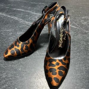 Yves Saint Laurent women’s leopard print slingback pumps